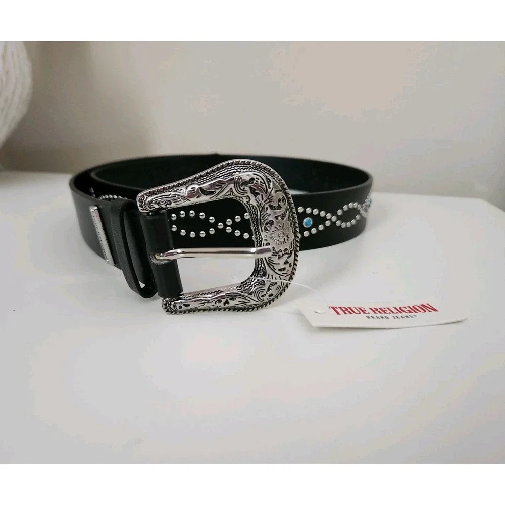 TRUE RELIGION Women Stone Embellished Southwestern Faux Leather Black‎ Belt L/XL